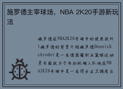施罗德主宰球场，NBA 2K20手游新玩法